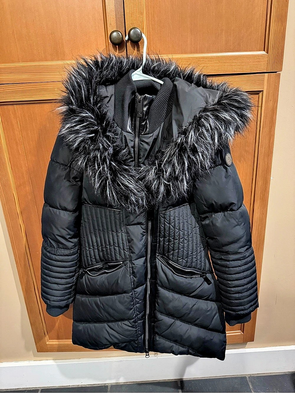 NOIZE Hannah Mid Length Parka Black Fur-Trimmed Puffer Coat Size Medium